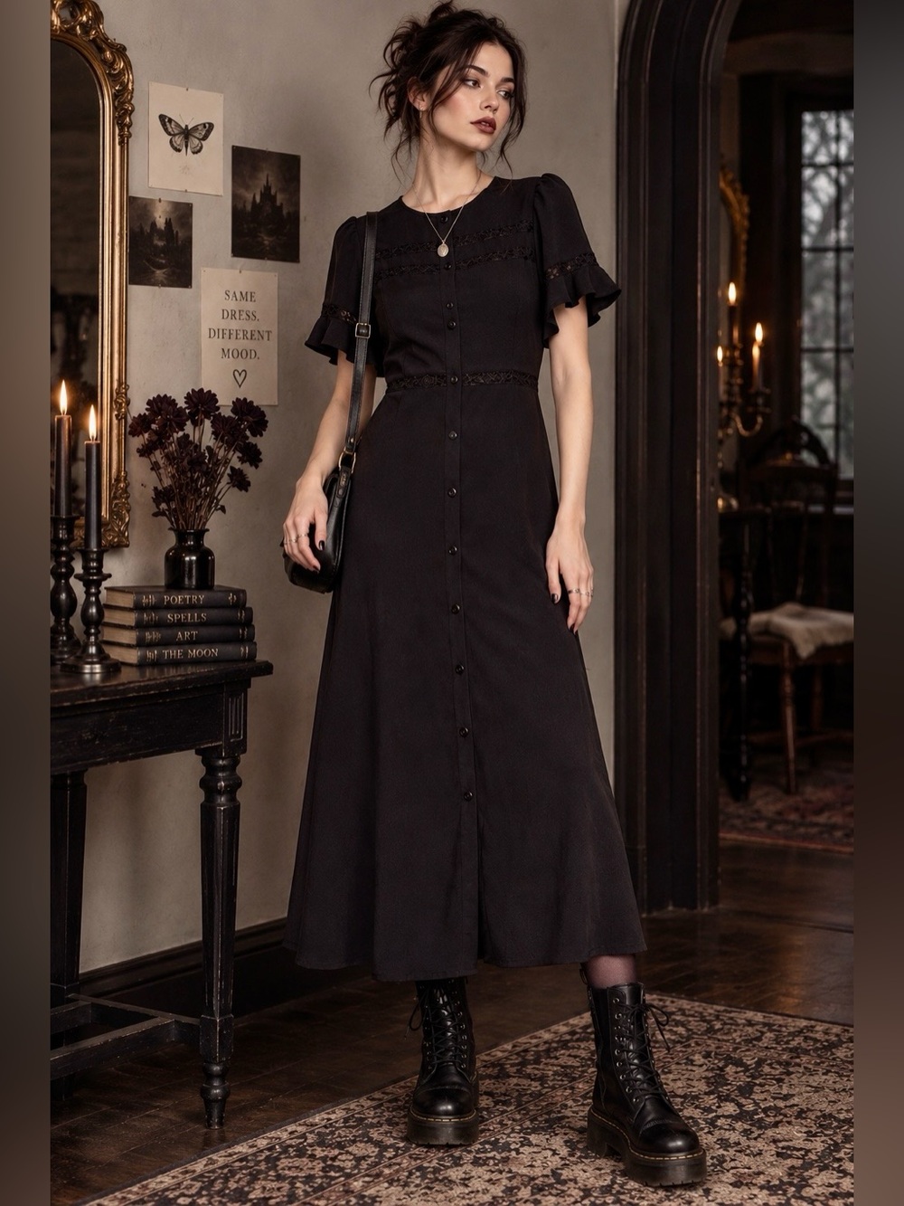 Black Midi Dress S Wednesday Lace Inset Whimsigoth Goth Gothic Spooky Monteau LA